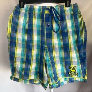 Psycho‎ Bunny Plaid Shorts with Embroidered Bunny Logo Yellow/Blue Size Small